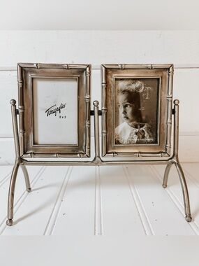 Vintage Silver Tone Double Photo Frame | Faux Bamboo Frame | 2”x 3”